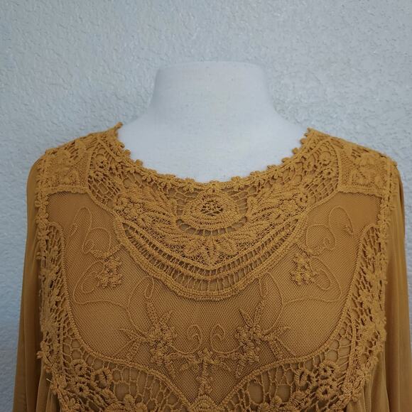 Ultra Pink Mustard Long Sleeve Crochet Tunic Long Sleeve Blouse Size XL - Picture 3 of 13